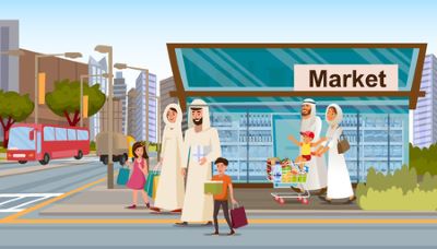 Foundation level (week 16) 20 117775775 family shopping in muslim district flat vector happy muslim parents wearing in arabic ethnic