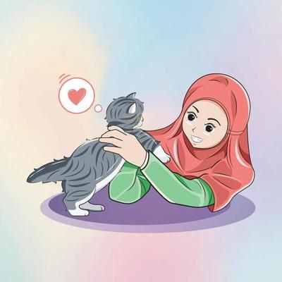 Foundation level (week 20) 24 a little hijab smiling girl playing lovely kitten illustration pro download vector