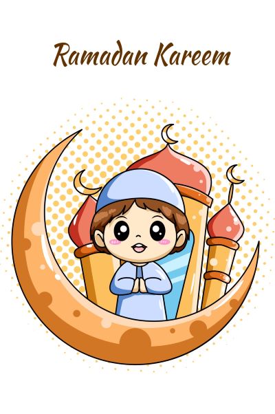 Foundation level (week 19) 15 cute muslim boy with moon and mosque at ramadan kareem cartoon illustration vector