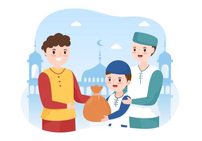 Foundation level (week 14) 12 muslim kids giving alms zakat or infaq donation to a person who need it in flat cartoon poster hand drawn templates illustration vector