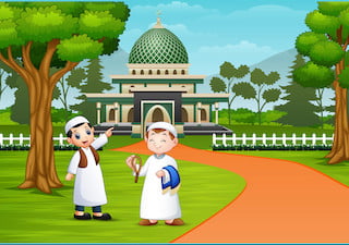 Foundation Level (week 7) 20 people muslim cartoon on road to mosque vector 25476523