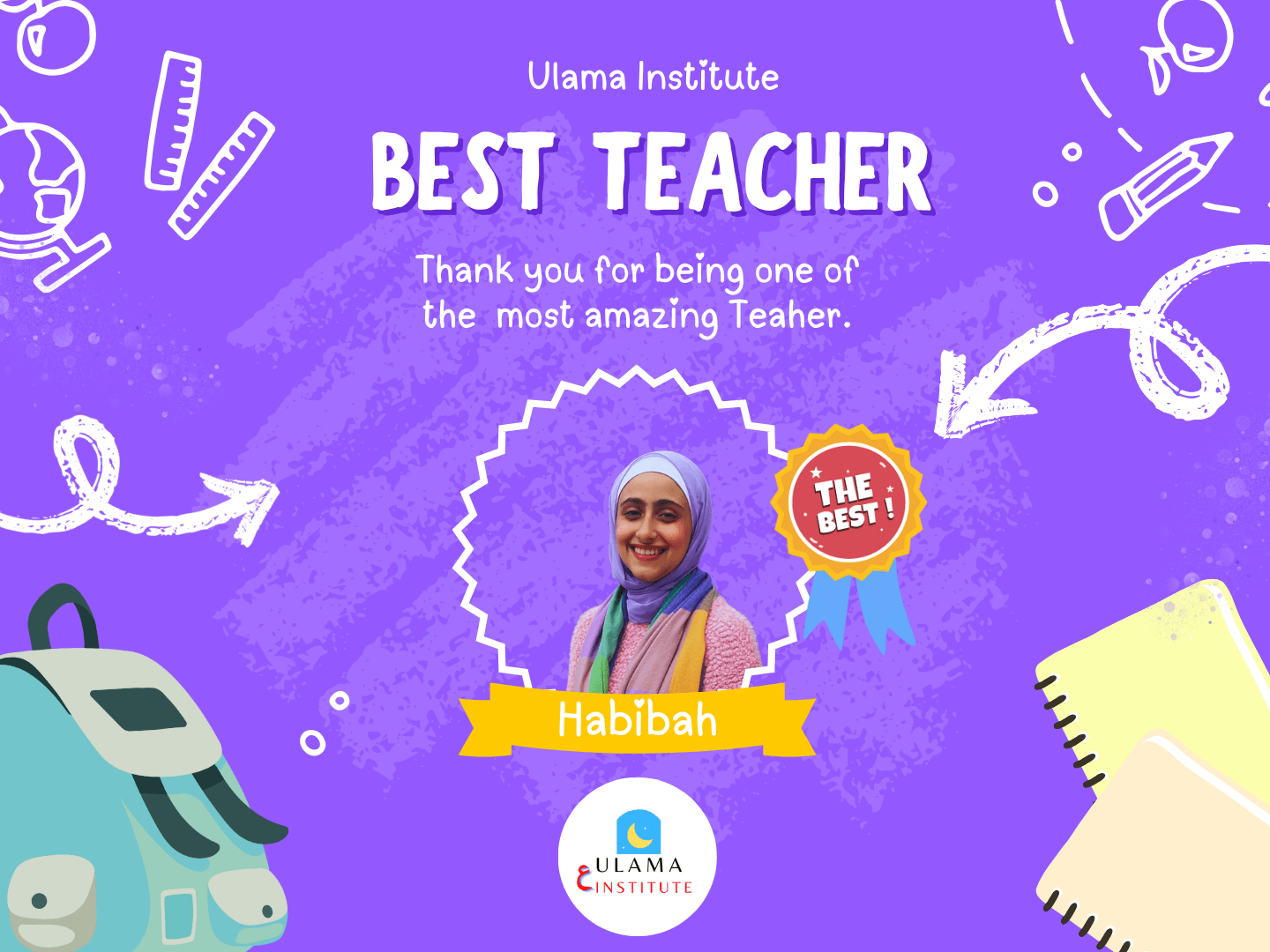 Teacher Hbibah Award Certificate 2 Purple Doodle Playful Best Teacher Poster 1